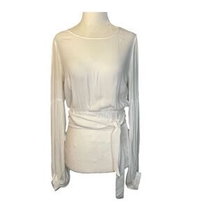 Forever 21 Cropped Wrap Top White Rayon Knit Puff Long Sleeve Round Neck S